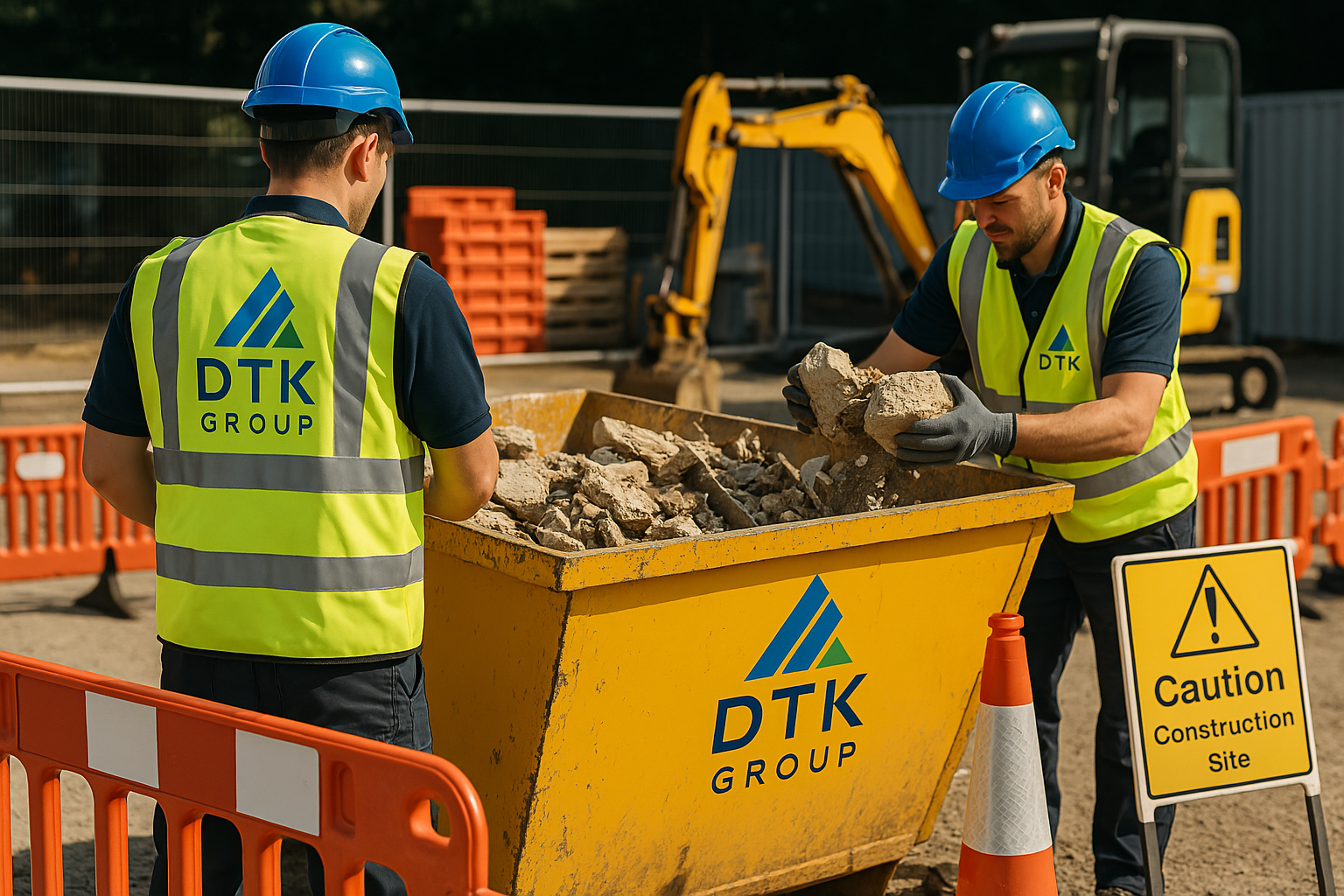 DTK Group workers loading rubble into a yellow branded skip at a construction site with safety cones and excavator in background