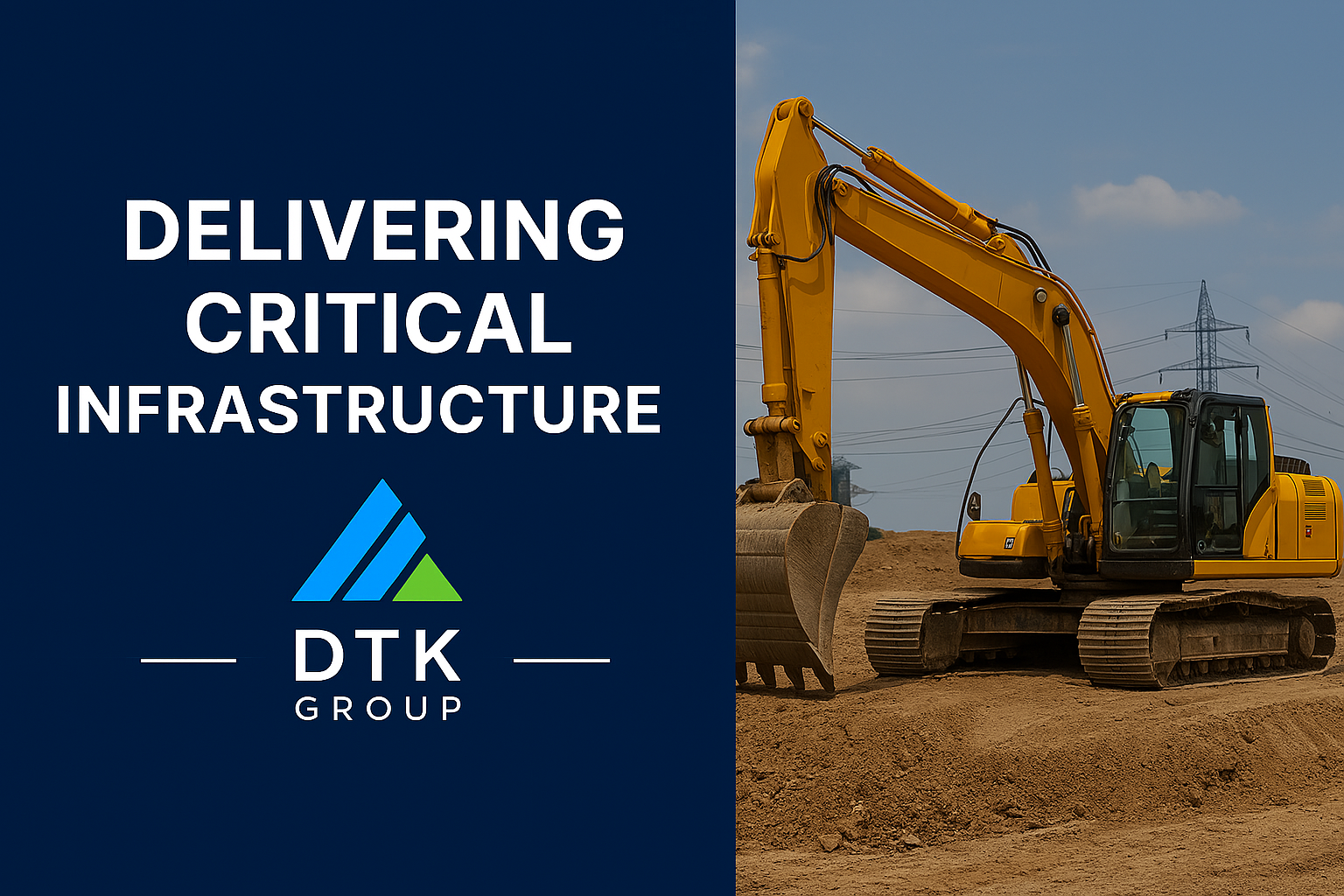 Yellow excavator at a construction site with DTK Group branding and the message ‘Delivering Critical Infrastructure