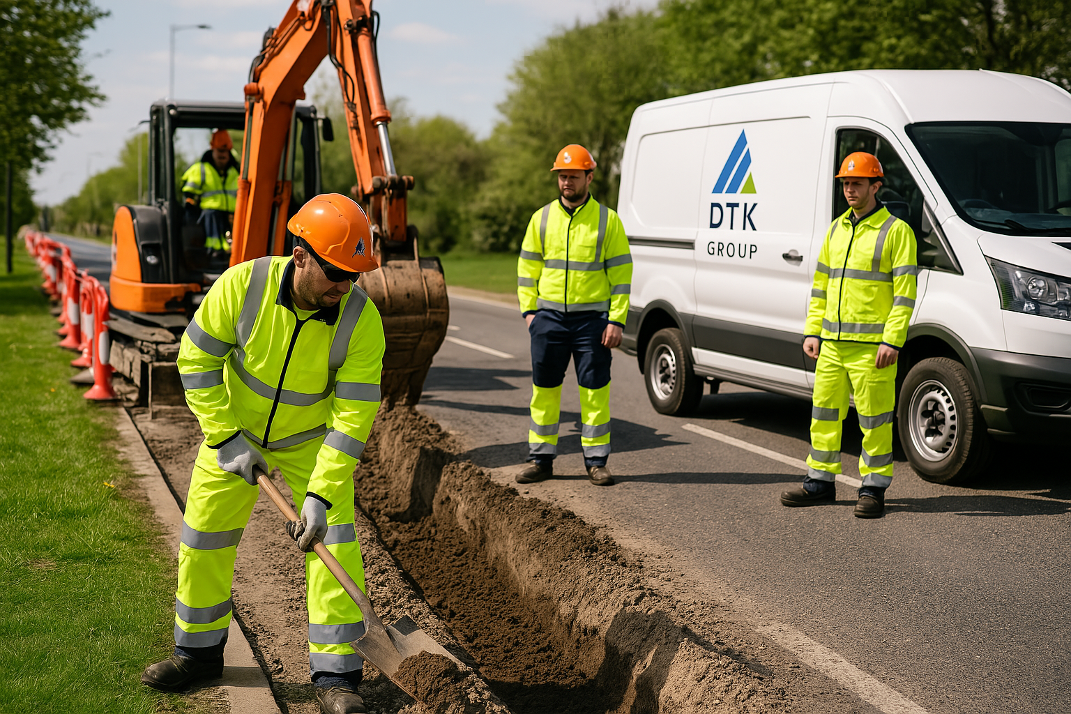 DTK Group crew conducting roadwork and underground duct installation with branded equipment and safety barriers