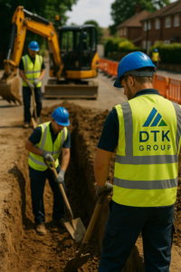 Two DTK Group workers leveling and compacting soil during civil groundwork preparation
