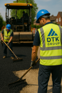 DTK Group team applying tarmac base layer during reinstatement at a civil engineering site