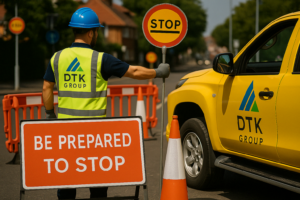 DTK Group traffic operative setting up a road closure with branded barriers, cones, and signage during daytime streetworks