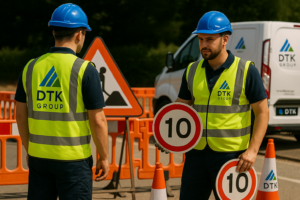 Two DTK Group traffic operatives operating stop/go boards on a UK street during active traffic control
