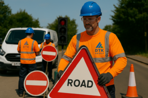 DTK Group team setting up portable traffic lights for multi-day streetworks project