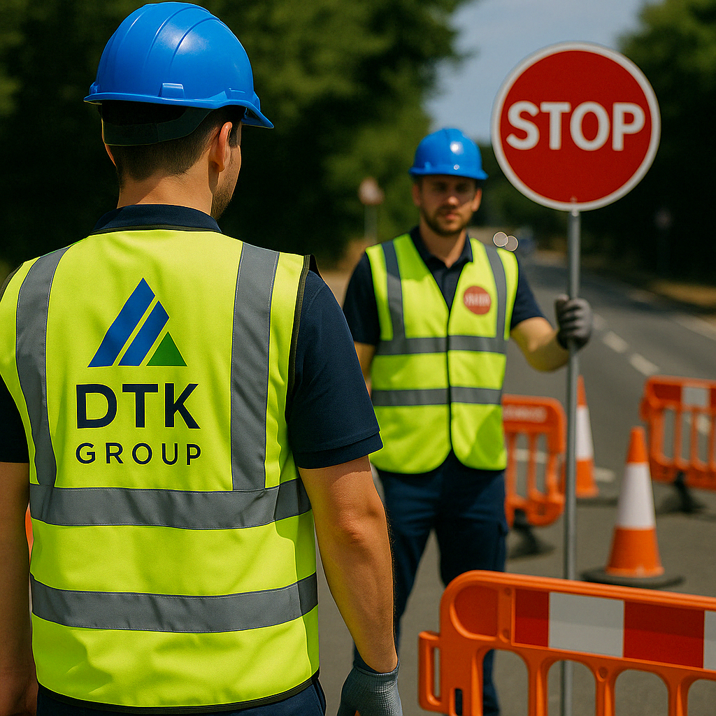 Two DTK Group traffic workers coordinating coning and lane markings on a public road during infrastructure works