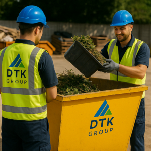 Two DTK Group workers segregating site waste for compliant disposal