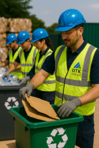Construction workers from DTK Group collecting wood and mixed site debris in high-visibility safety gear