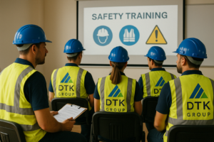 DTK Academy trainer demonstrating construction safety gear during hands-on training