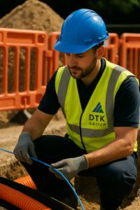 DTK Group technician feeding fibre optic cable through a duct on a live telecoms installation site