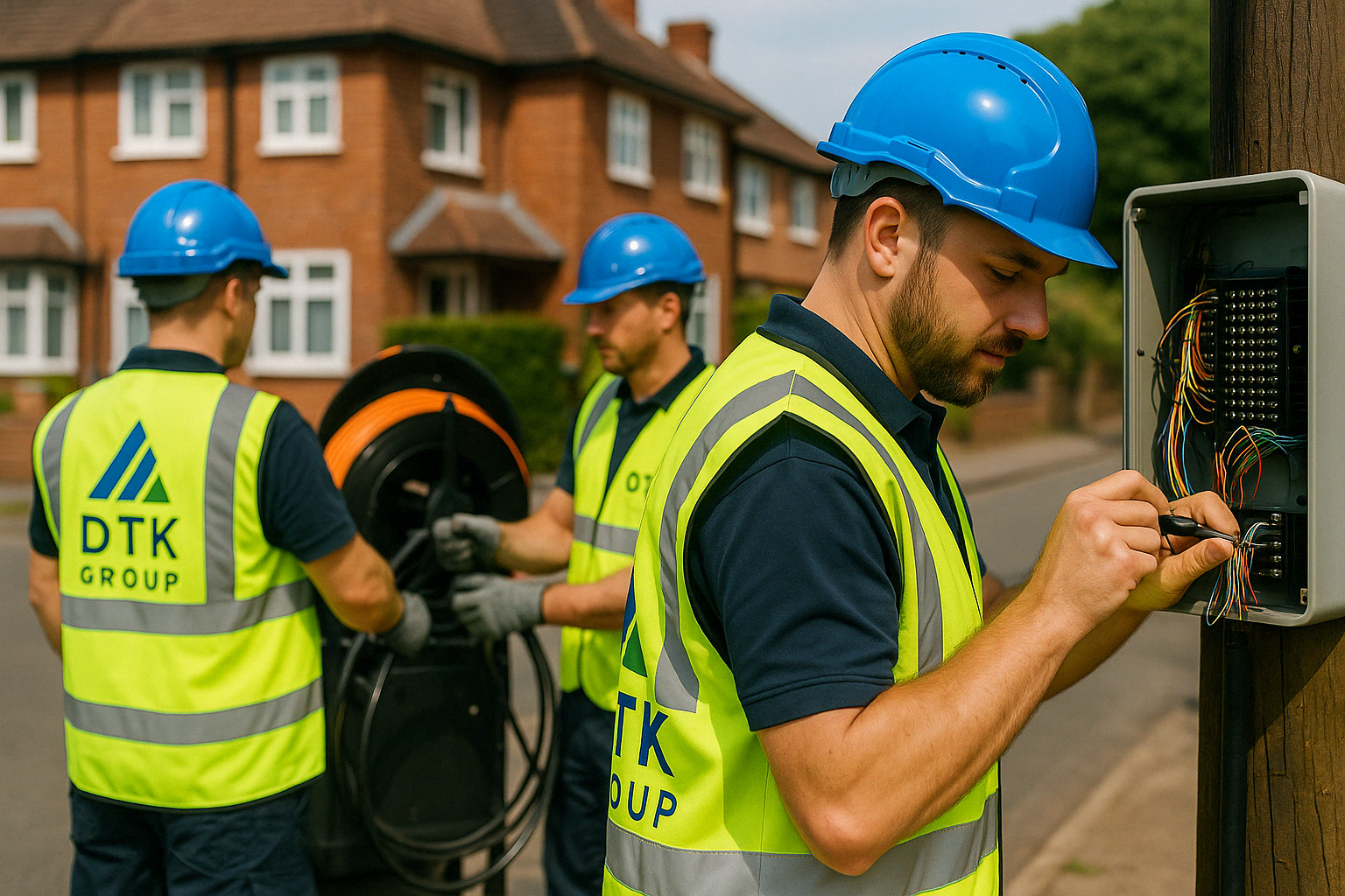 Three DTK Group operatives coordinating telecoms installation on a street-level infrastructure project