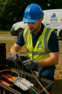 DTK Group technician working on fibre splicing at a telecoms junction box during a fibre rollout project