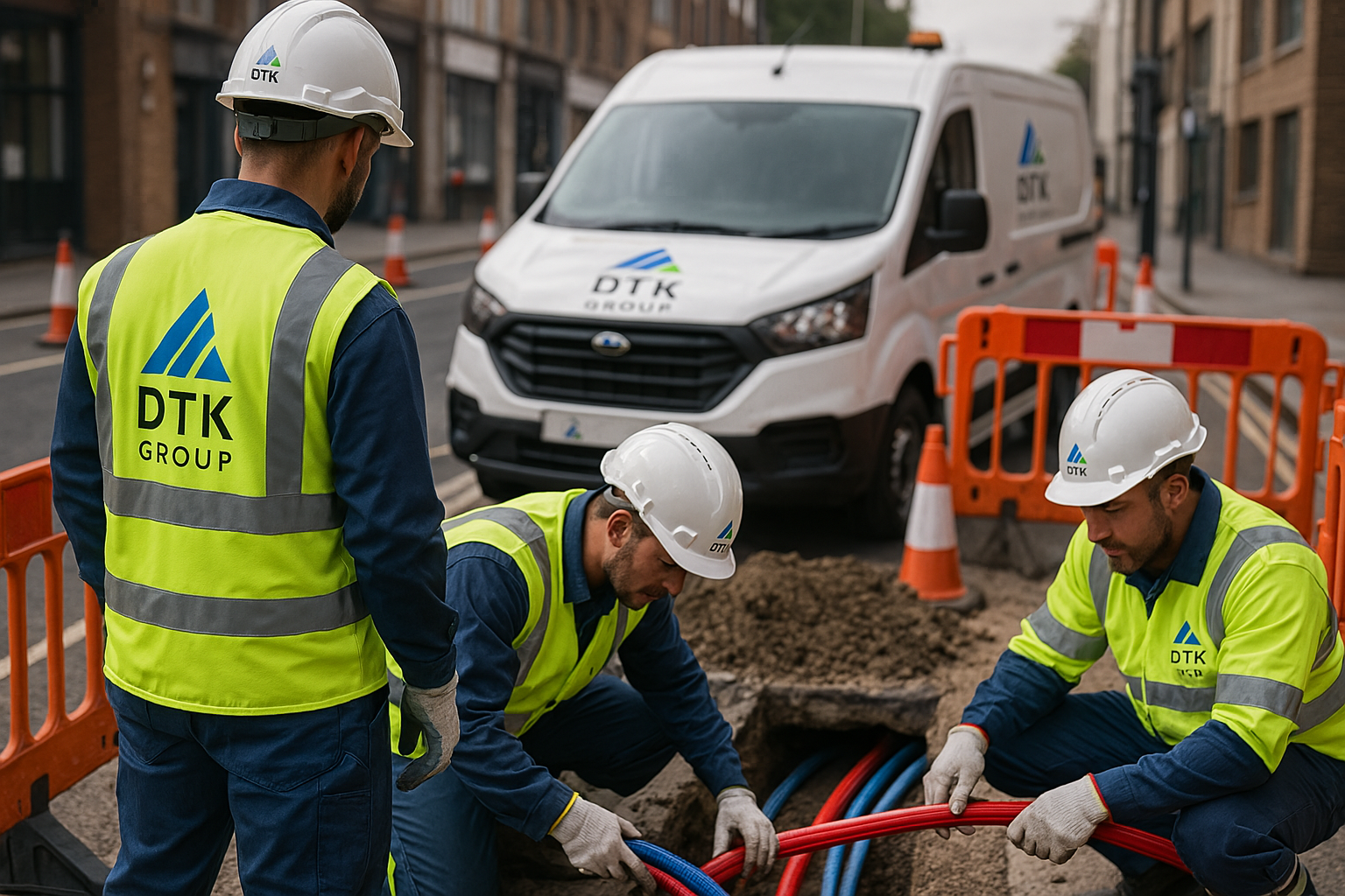 DTK Group workers installing fibre optic cables in an urban street with safety barriers and branded DTK van in the background